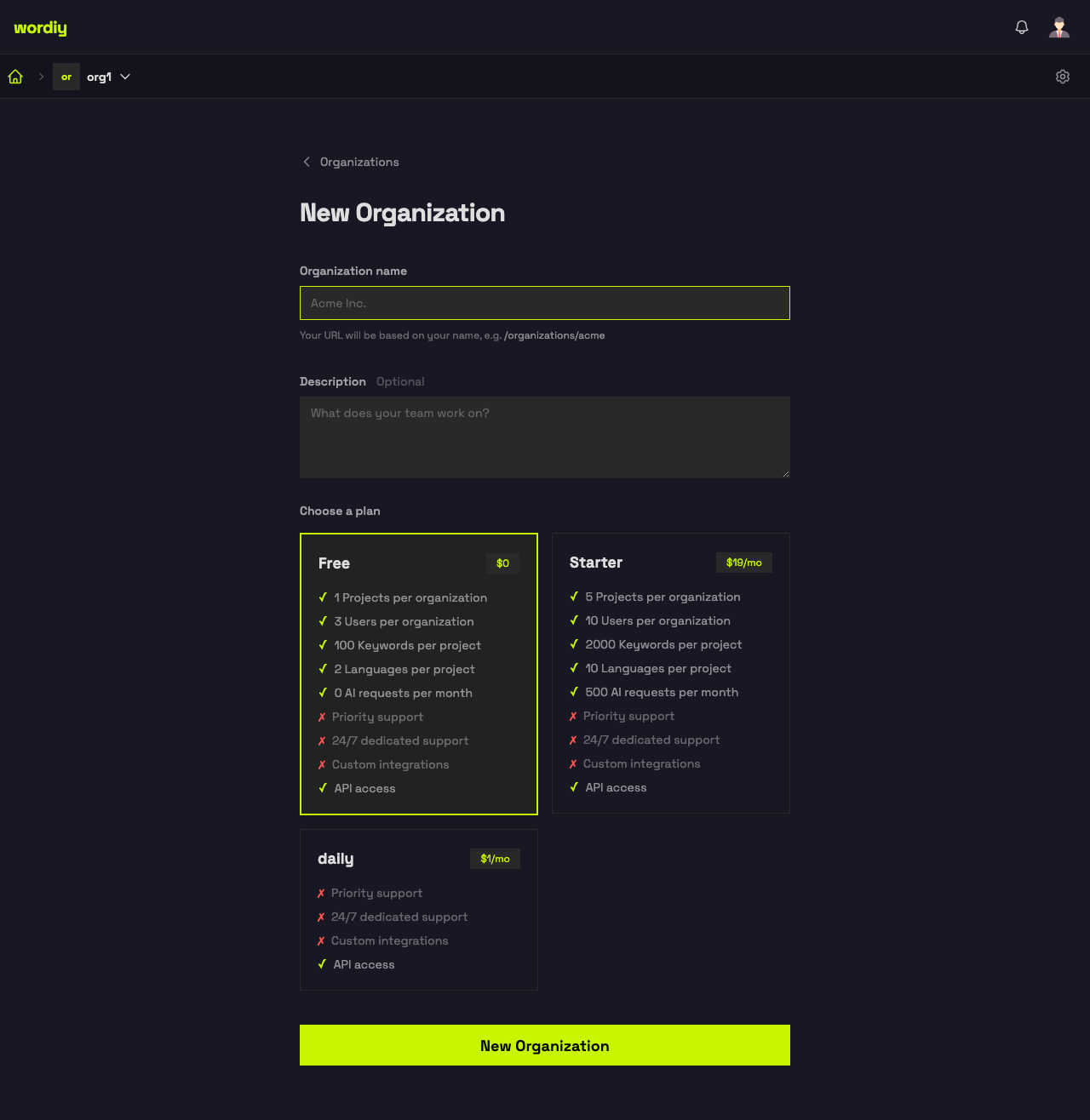 Create Organization Form
